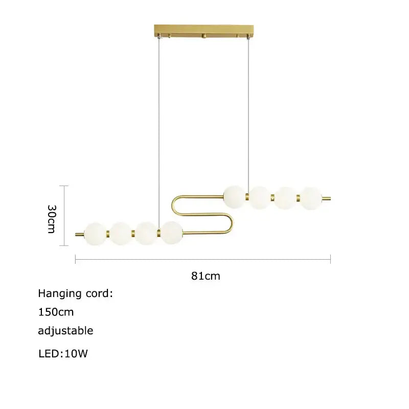 Gold-toned decorbites led chandelier with sleek curved metal frame and five frosted glass globes for dining room lighting