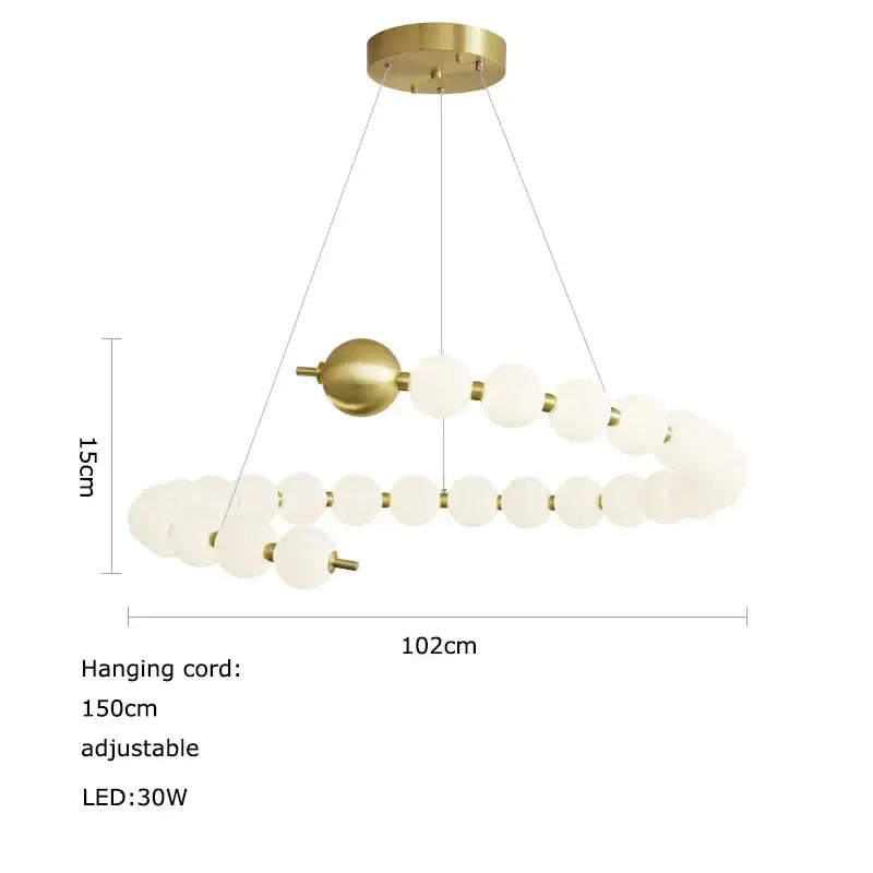 Modern decorbites led chandelier necklace lighting with brass finish and frosted glass spheres for dining room use