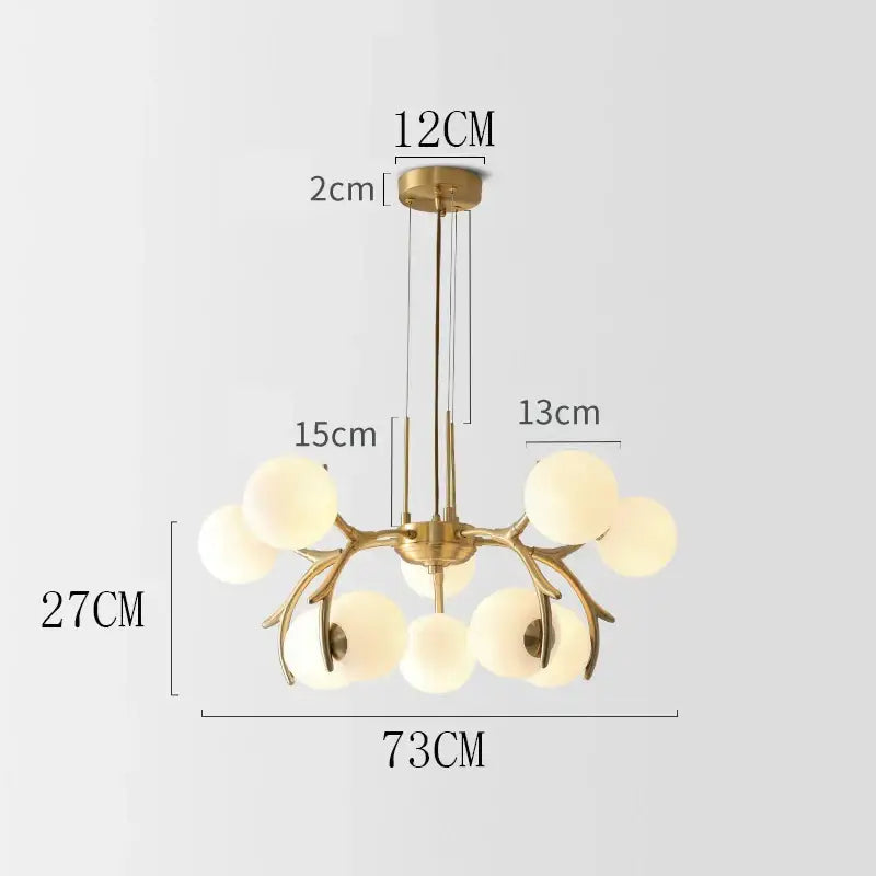 Gold-toned decorbites led chandelier pendant lamp with antler design and frosted glass globes for living room lighting