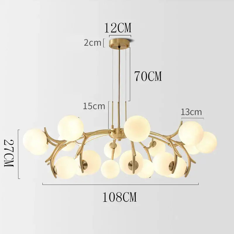 Gold-toned DecorBites led chandelier pendant lamp with branching metal frame and frosted glass globes for living spaces
