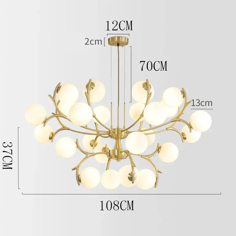 Gold-toned DecorBites LED chandelier pendant lamp with branching arms and frosted glass globes for living room lighting
