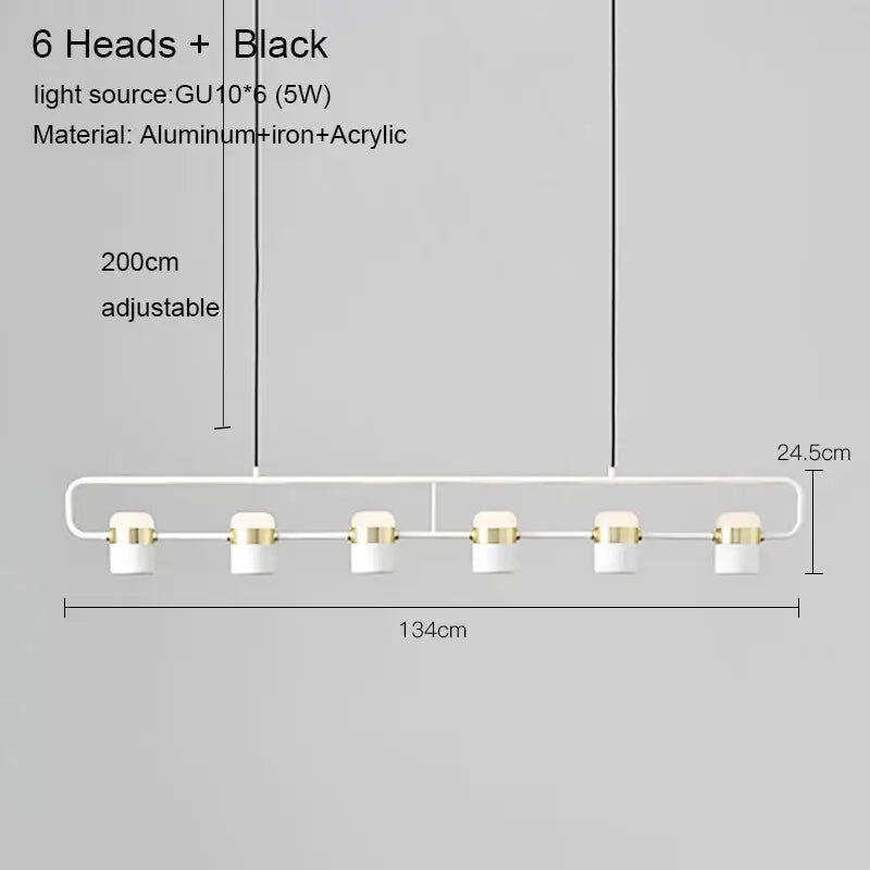 Modern black DecorBites LED chandelier pendant lamp with six white acrylic heads and gold accents for dining room use