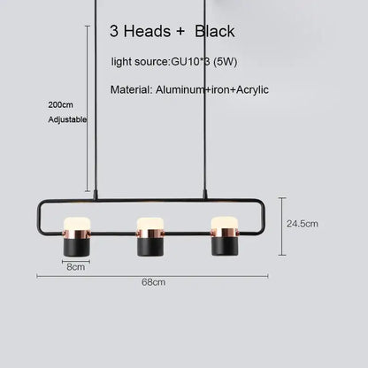 Black decorbites led chandelier pendant lamp with three gu10 bulbs, aluminum and iron frame with rose gold trim for dining room