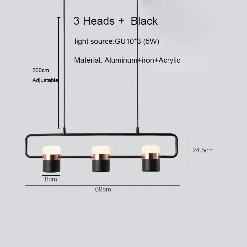 Black decorbites led chandelier pendant lamp with three gu10 bulbs, aluminum and iron frame with rose gold trim for dining room