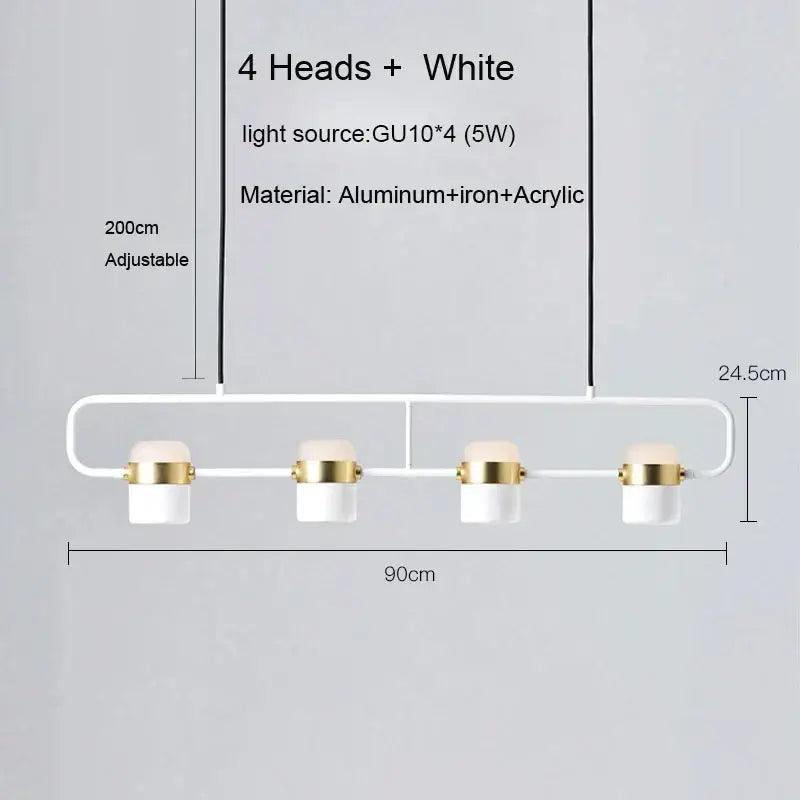White modern decorbites led chandelier pendant lamp with four gu10 bulbs and gold-accented aluminum and iron frame for dining room