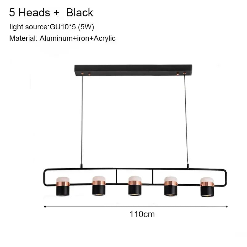Black modern decorbites led chandelier pendant lamp with five cylindrical bulbs, rose gold accents, aluminum-iron-acrylic frame