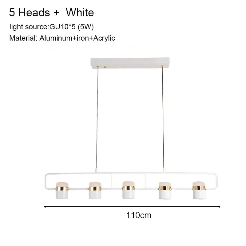 White modern decorbites led chandelier pendant lamp with five cylindrical gold-ringed heads and aluminum frame