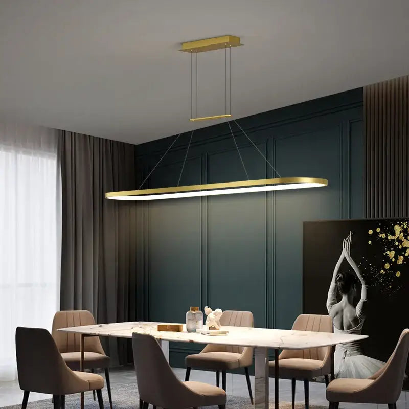 Gold rectangular pendant light with sleek modern design hanging above dining table decorbites led chandelier pendant