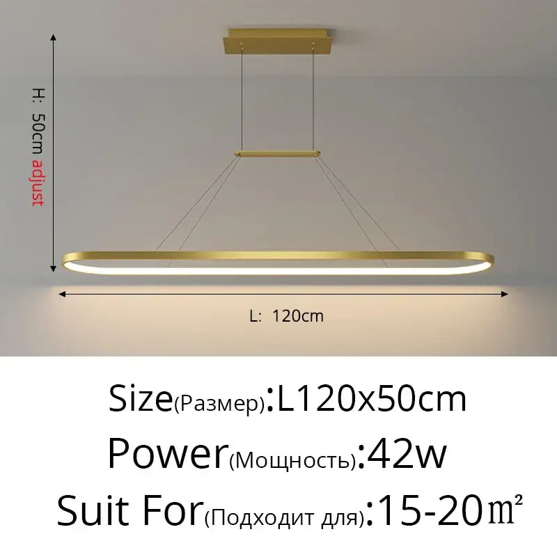 Modern gold-finished rectangular decorbites led chandelier pendant light with sleek minimalist design and adjustable height
