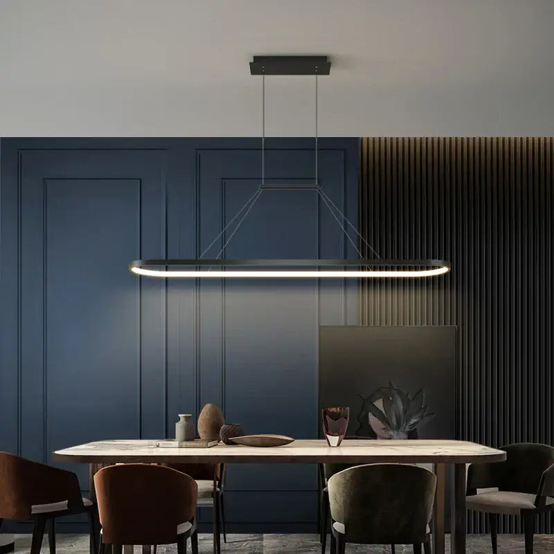 Modern black rectangular decorbites led chandelier pendant light with sleek minimalist design and thin hanging wires for living room