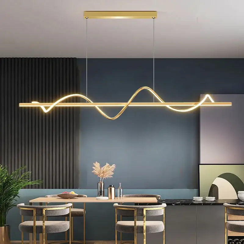 Gold-colored decorbites led chandelier pendant light with sleek wave-like design and minimalist rectangular fixture