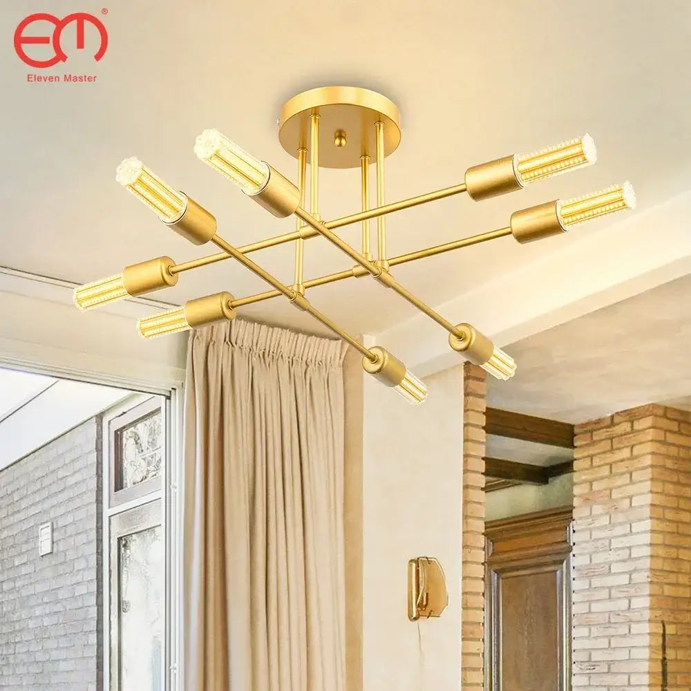 Gold-finished decorbites led chandelier with six cylindrical arms and led bulbs for bedroom and dining room lighting
