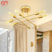 Gold-finished decorbites led chandelier with six cylindrical arms and led bulbs for bedroom and dining room lighting