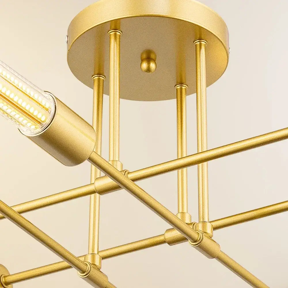 Gold-finished metal decorbites led chandelier with modern geometric rods and cylindrical lights for bedroom and dining room