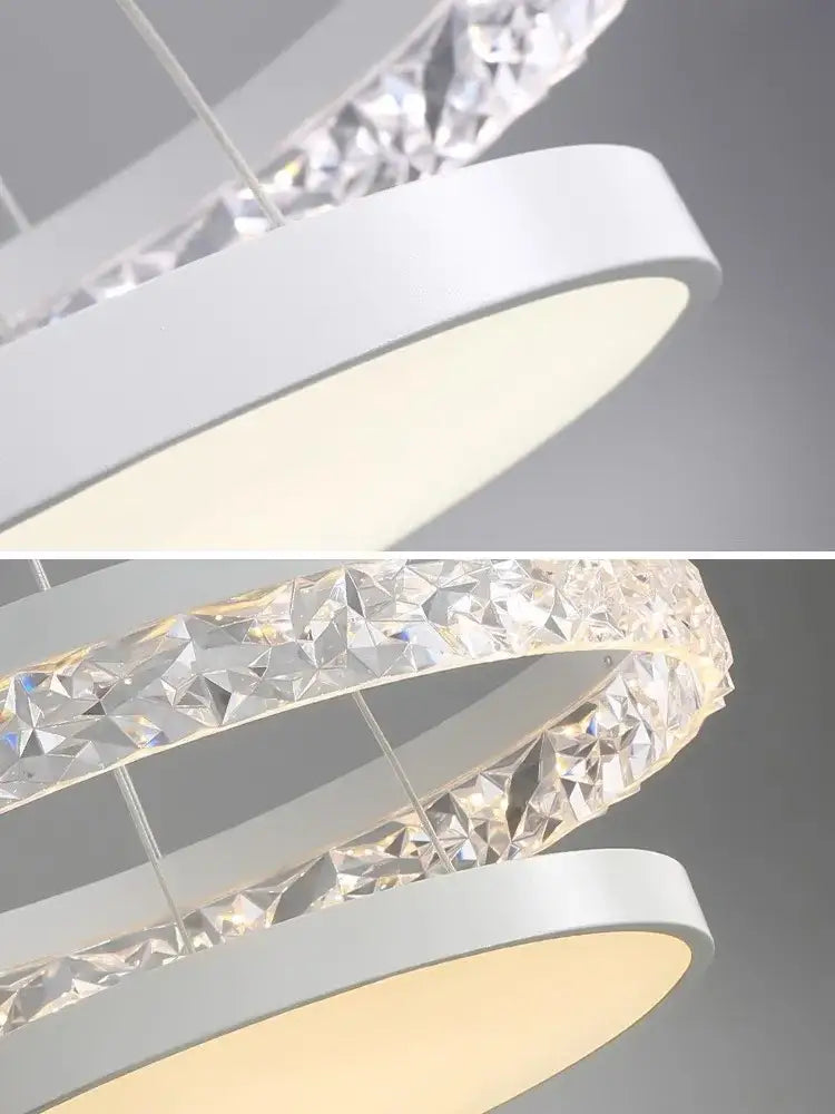 Modern white DecorBites LED chandelier pendant with crystal-encrusted rings and warm LED lighting for home decor