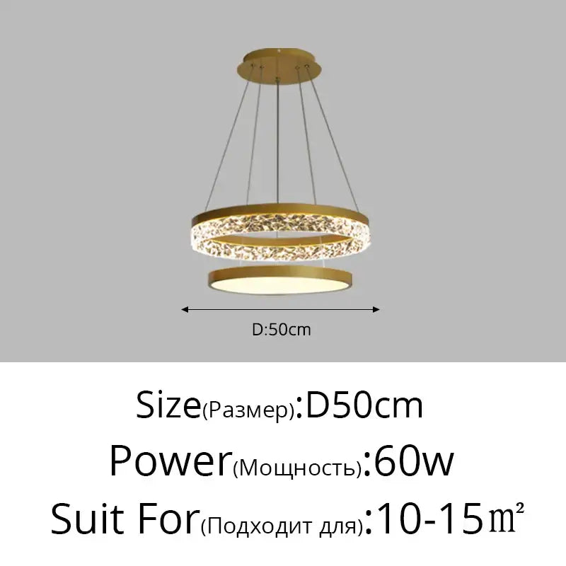 Gold-toned decorbites led chandelier pendant light with double rings and embedded crystals for modern home decor