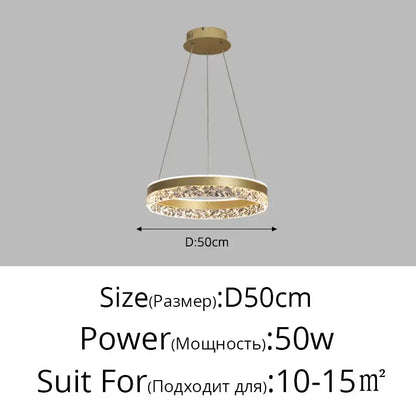 Gold-toned DecorBites LED chandelier pendant light with crystal accents and sleek metallic finish for home decor