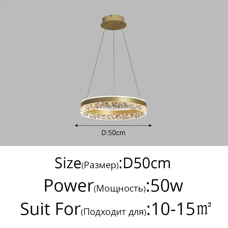 Gold-toned DecorBites LED chandelier pendant light with crystal accents and sleek metallic finish for home decor
