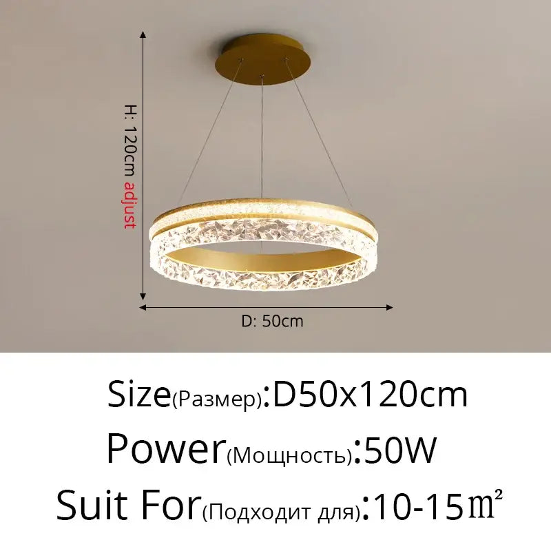 Gold-toned decorbites led chandelier pendant light with textured crystal-encrusted ring and adjustable height for home decor