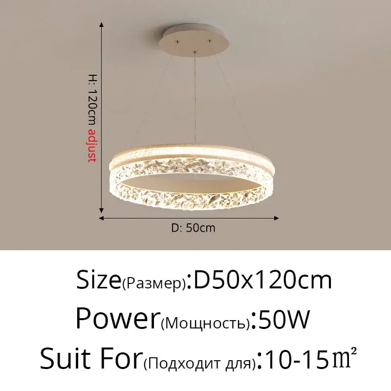 Modern circular decorbites led chandelier pendant light with frosted glass ring and crystals adjustable height 120cm
