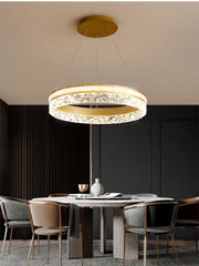 Gold-toned decorbites led chandelier pendant light with textured crystal outer ring and illuminated inner band for home decor