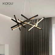 Modern black and gold DecorBites LED chandelier pendant light with intersecting angular bars for living room use