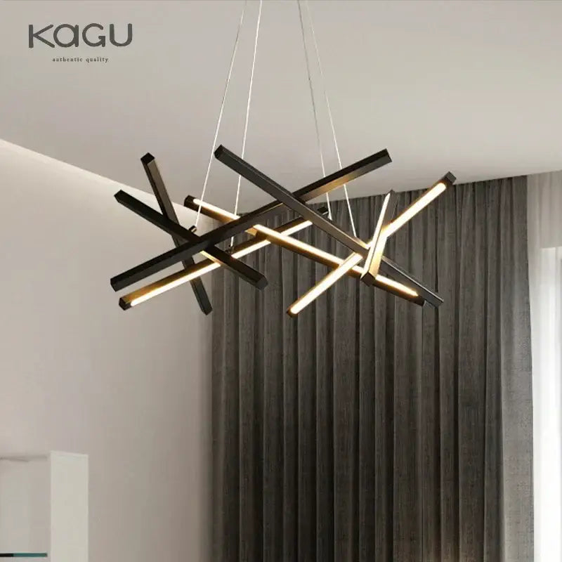 Modern black and gold DecorBites LED chandelier pendant light with intersecting angular bars for living room use