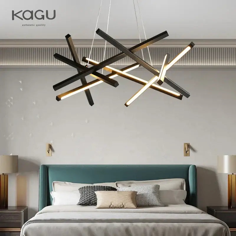 Modern black and gold decorbites led chandelier pendant light with intersecting geometric bars for living room use
