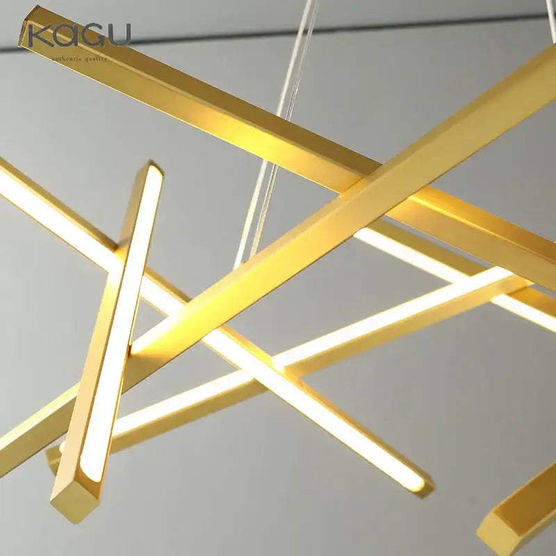 Gold-colored modern geometric decorbites led chandelier pendant light with intersecting bars and integrated led for living room