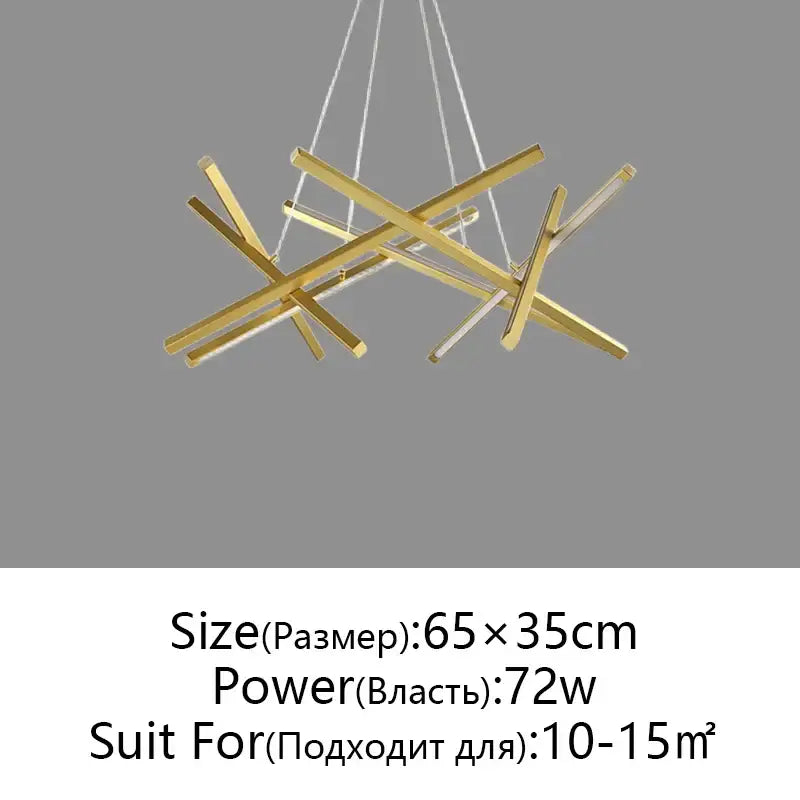 Modern gold-toned geometric decorbites led chandelier pendant light with intersecting rectangular bars for living room use