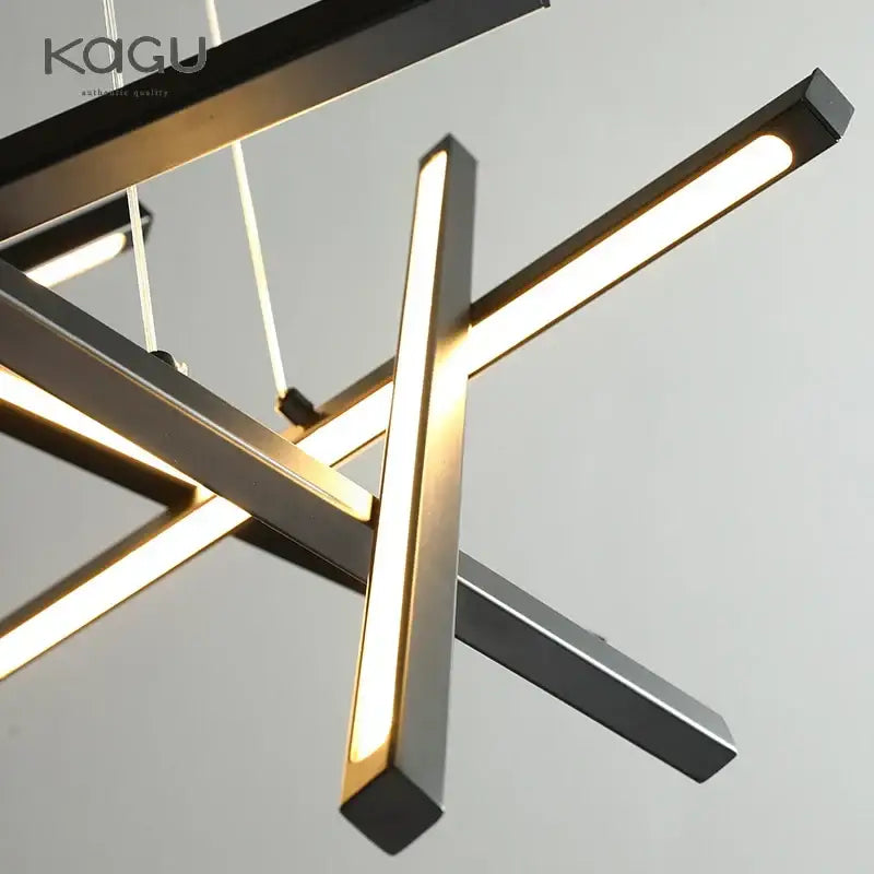 Modern geometric DecorBites LED chandelier pendant light with matte black and brushed gold bars for living room use