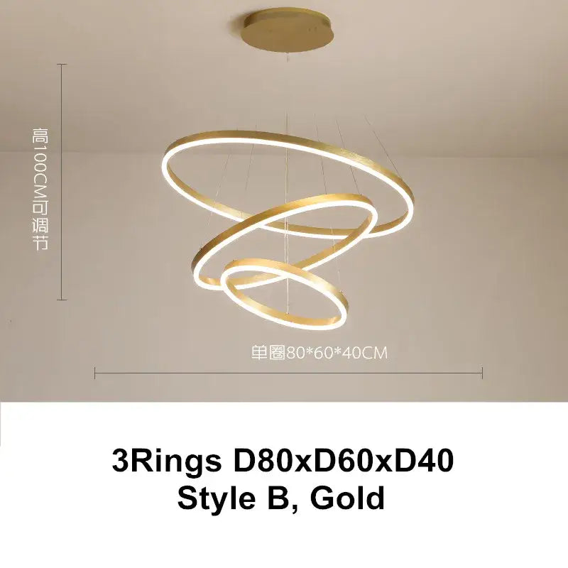 Gold-colored decorbites led chandelier with three interlocking led chandelier rings pendant light in coffee gold finish