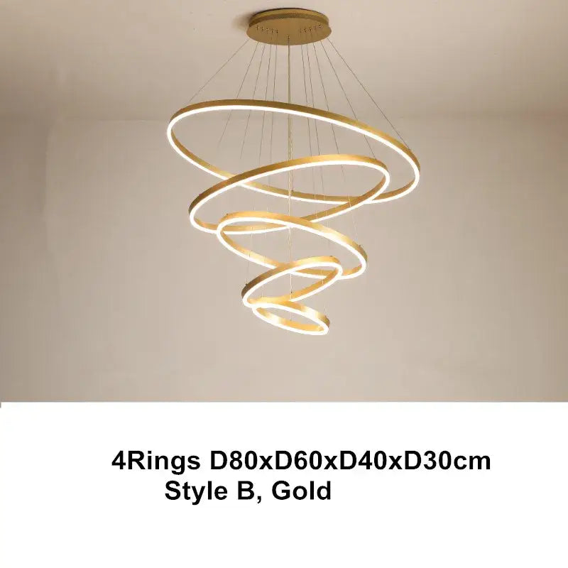 Gold spiral pendant light with four concentric led chandelier rings in coffee gold by decorbites led chandelier
