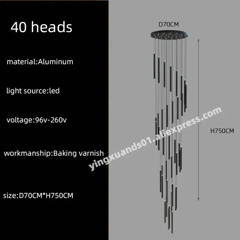 Modern black aluminum decorbites led chandelier with 40 led light heads designed as a chandelier stairs pendant for hotel lobbies