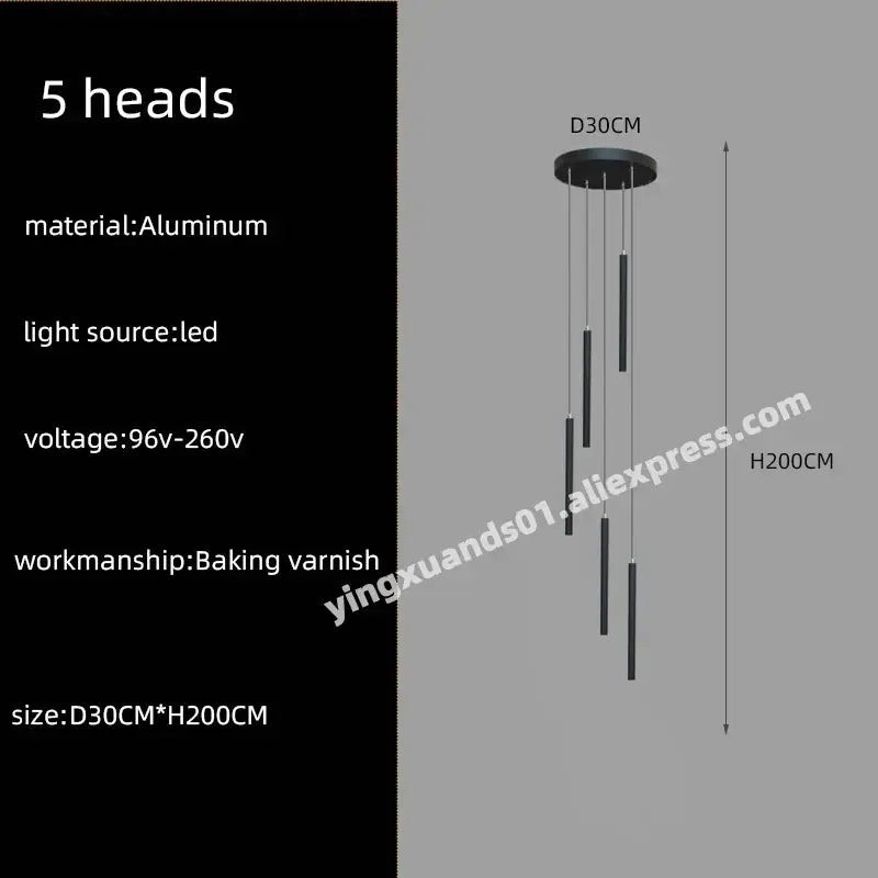 Modern black aluminum decorbites led chandelier with five slender vertical leds for hotel lobby stairs pendant lighting
