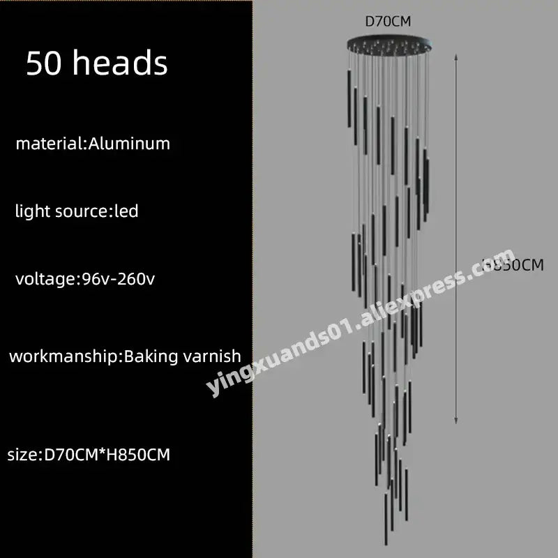 Modern black aluminum decorbites led chandelier with 50 led lights in cascading design for hotel lobby stairs pendant