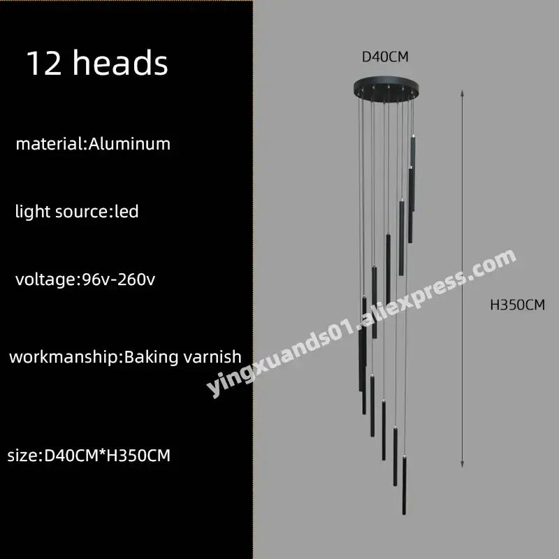 Black aluminum decorbites led chandelier with 12 led light heads for stairs pendant ceiling lamp in hotel lobby decor