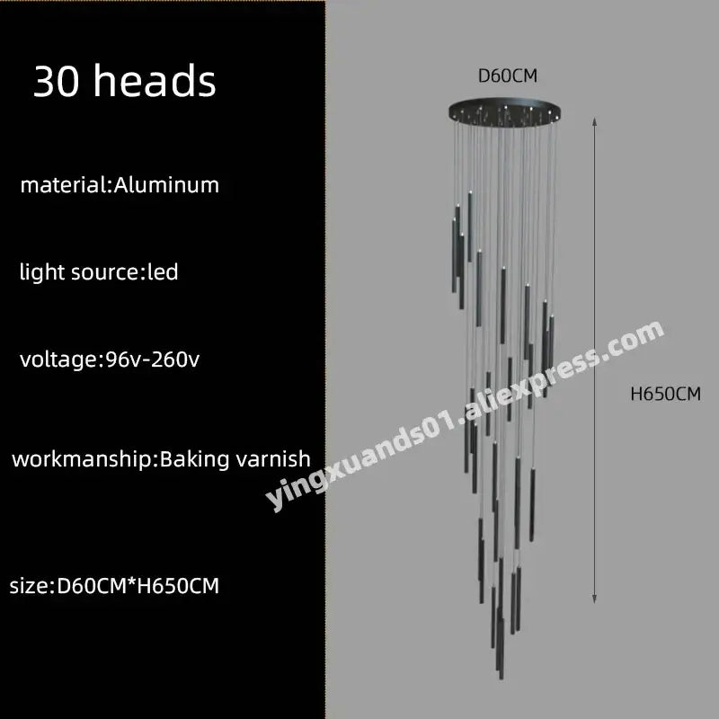 Modern black aluminum decorbites led chandelier stairs pendant with 30 led light heads for hotel lobby decor