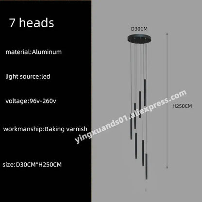Black aluminum DecorBites led chandelier stairs pendant with seven cylindrical LED heads for hotel lobby decor
