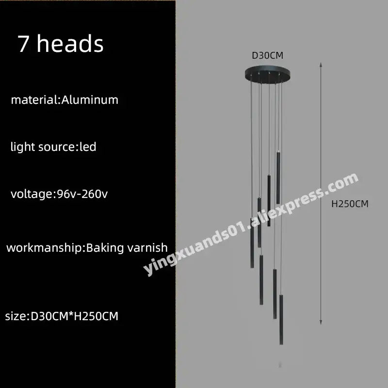 Black aluminum DecorBites led chandelier stairs pendant with seven cylindrical LED heads for hotel lobby decor