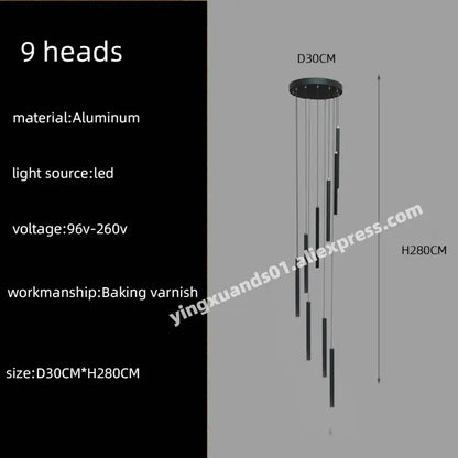 Black aluminum DecorBites LED chandelier with nine LED light heads for stairs pendant hotel lobby decor