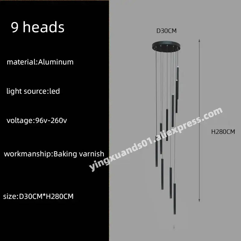 Black aluminum DecorBites LED chandelier with nine LED light heads for stairs pendant hotel lobby decor