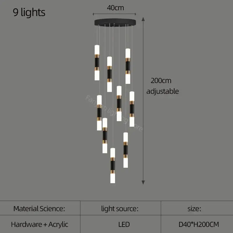 Black and gold acrylic DecorBites led chandelier with nine adjustable led lights for stairway and dining table lighting
