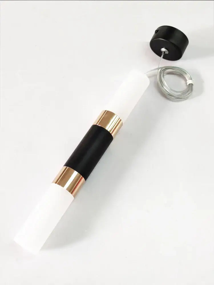 Decorbites led chandelier featuring a modern minimalist frosted white acrylic pendant with black and gold bands for stairway lighting