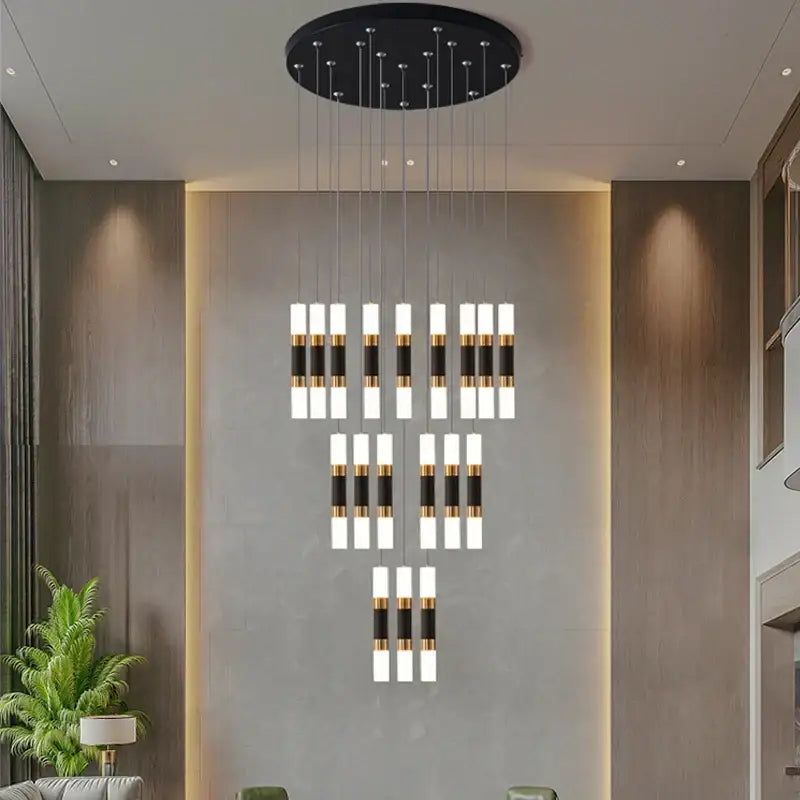 Modern black and gold acrylic decorbites led chandelier stairway lamp with cylindrical design and circular ceiling mount