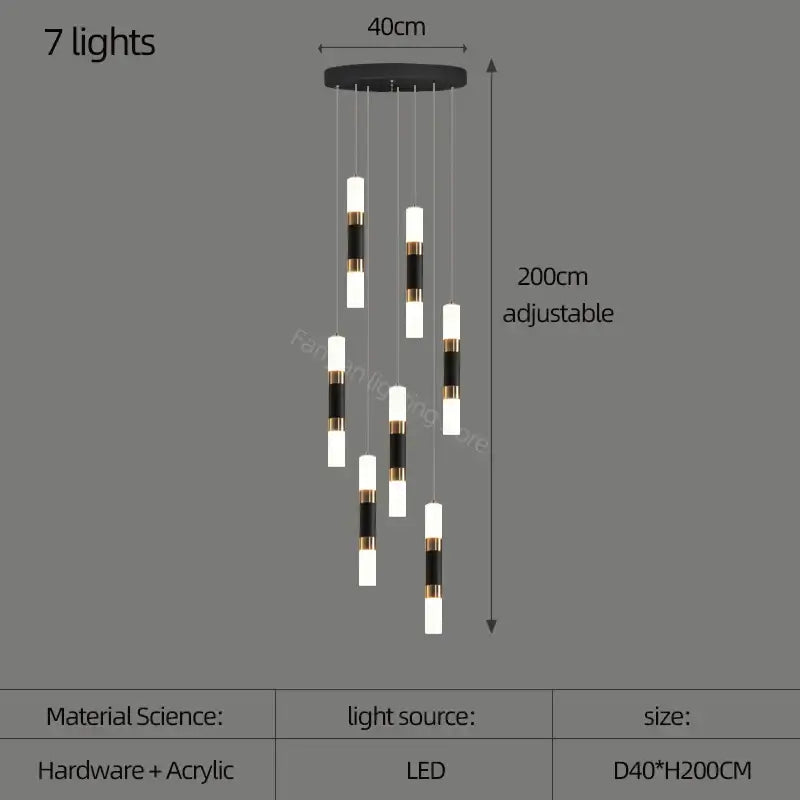 Black and gold decorbites led chandelier with seven adjustable led lights acrylic chandelier stairway lamp design