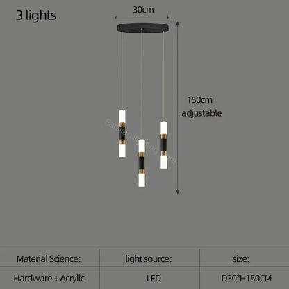 Modern black and white acrylic decorbites led chandelier with gold accents and three adjustable led bulbs for stairway lighting