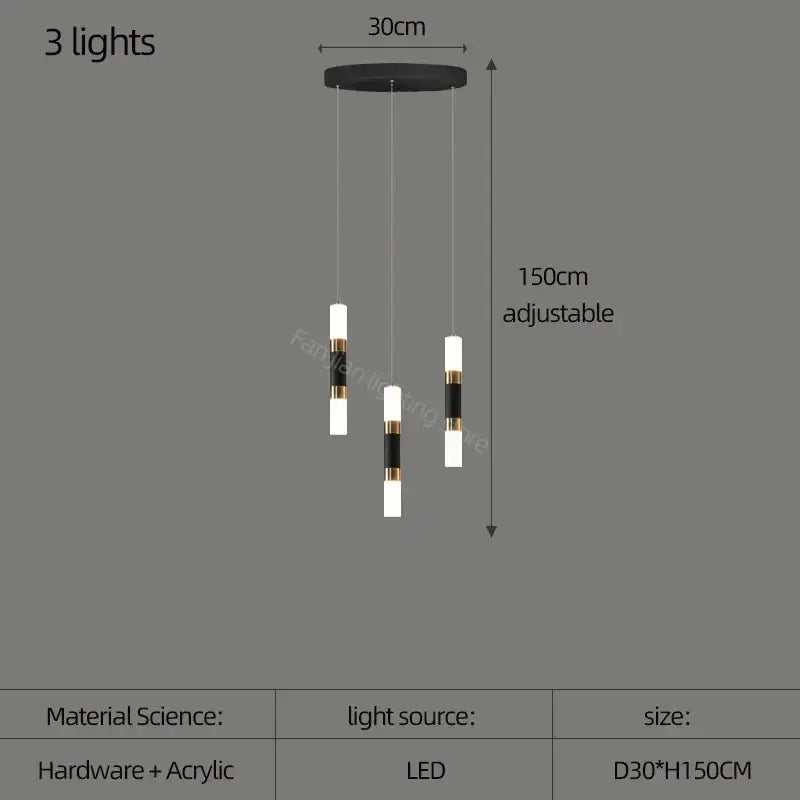Modern black and white acrylic decorbites led chandelier with gold accents and three adjustable led bulbs for stairway lighting