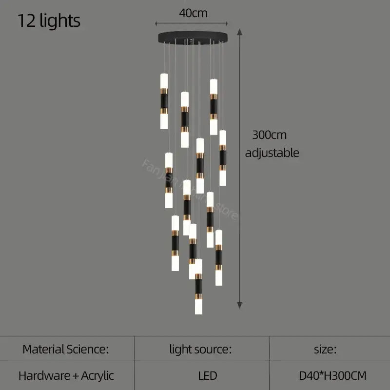 Modern black and gold acrylic decorbites led chandelier with 12 led lights for stairway lamp and dining table lighting