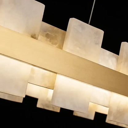Modern led chandelier with milky white alabaster blocks on brushed brass bars for bedroom and living room decorbites led chandelier